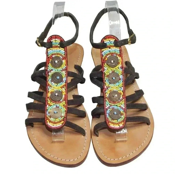 Mystique Beaded Gladiator Sandals Flats Ankle T-Strap Leather Women’s Size 7 - Picture 2 of 11